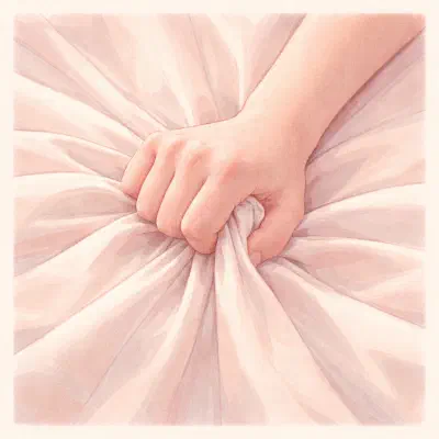 A hand tightly gripping a bedsheet