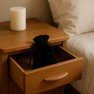 A cozy bedside table with a slightly open drawer revealing a velvet pouch, symbolizing intimacy and hidden pleasure.
