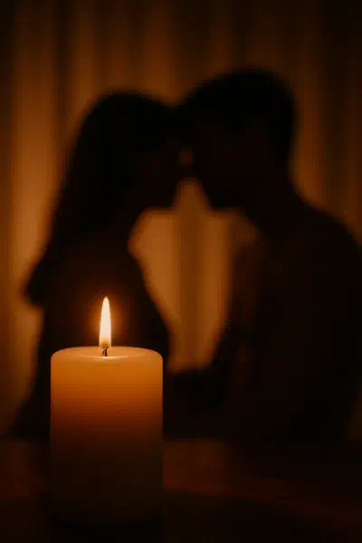 Two people connecting in candlelight