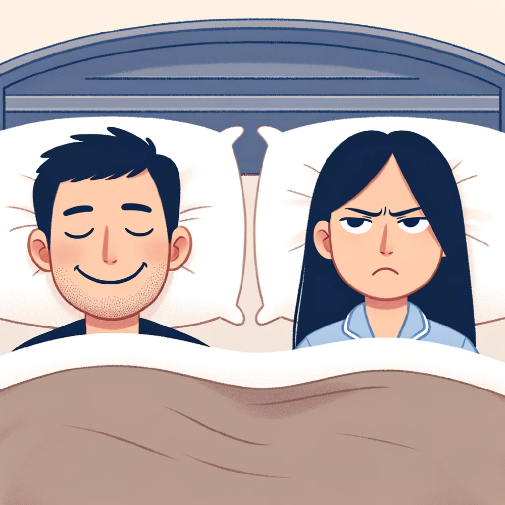 An unhappy woman in bed with her partner