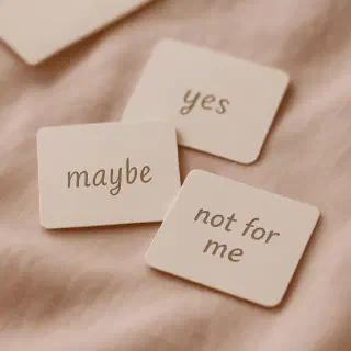 Note cards labeled yes, no, and not for me.