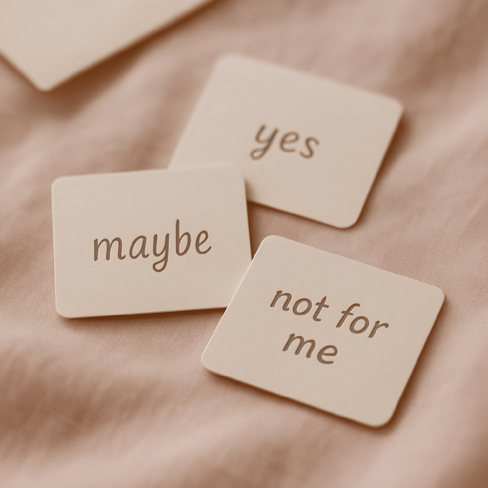 Note cards labeled yes, no, and not for me.