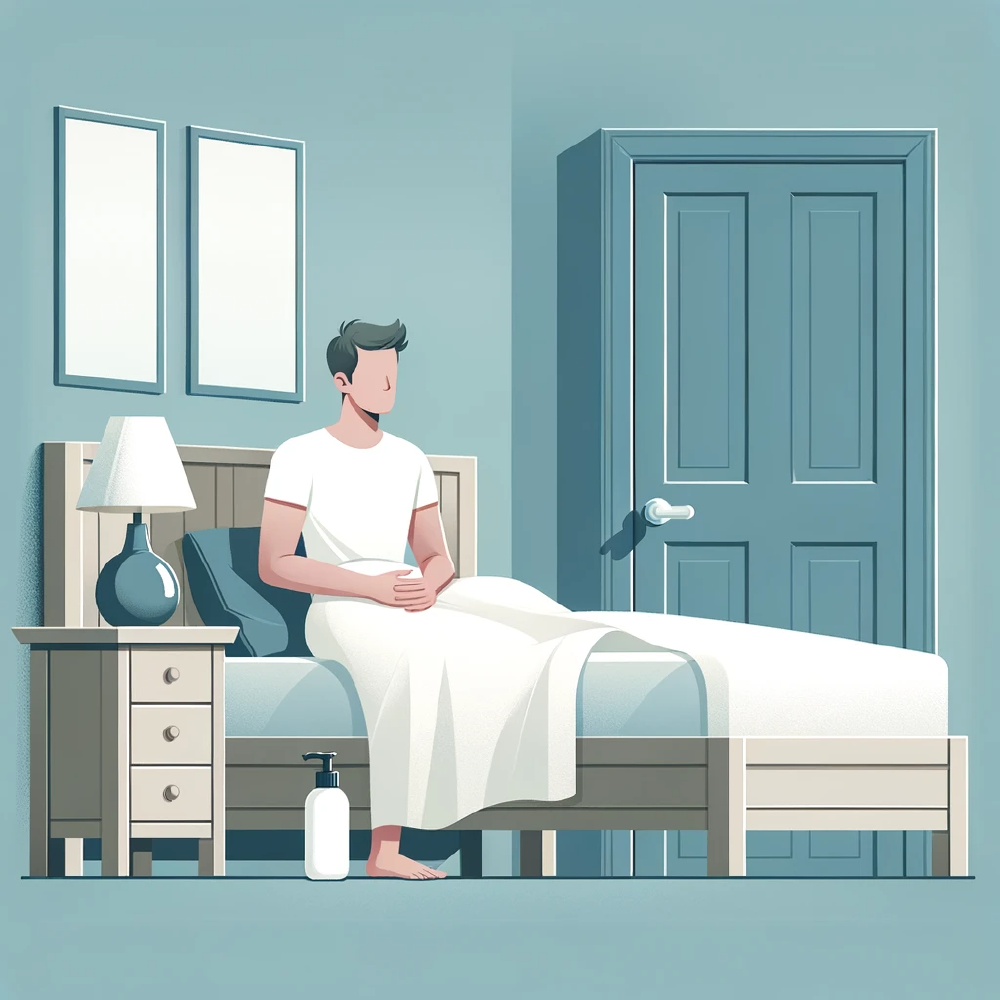 Flat illustration of a person in a white T-shirt sitting on the edge of a bed in a blue bedroom, with a pump bottle on the floor and the door closed.