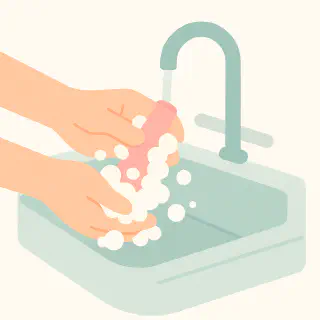 Abstract drawing of washing a toy in the sink