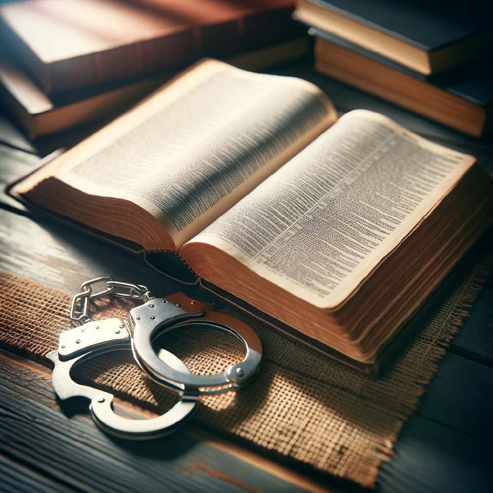 A pair of steel handcuffs resting on burlap in front of an open dictionary on a dark wooden table, with more books stacked behind.