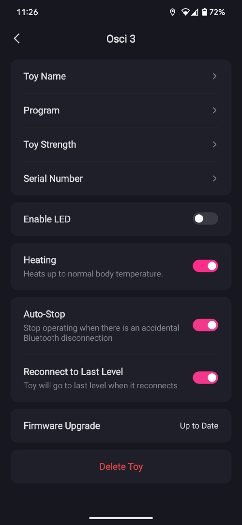 Lovense Remote App Osci 3 toy settings screen