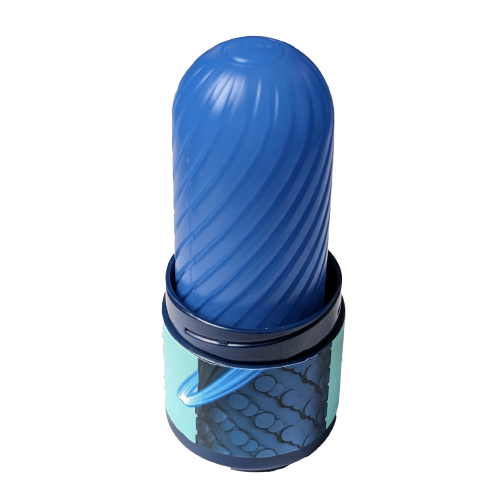 The blue Ghost stroker standing upright in the bottom half of its navy storage tube.
