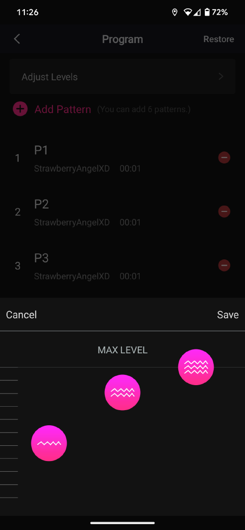 Lovense Remote App Osci 3 program settings screen